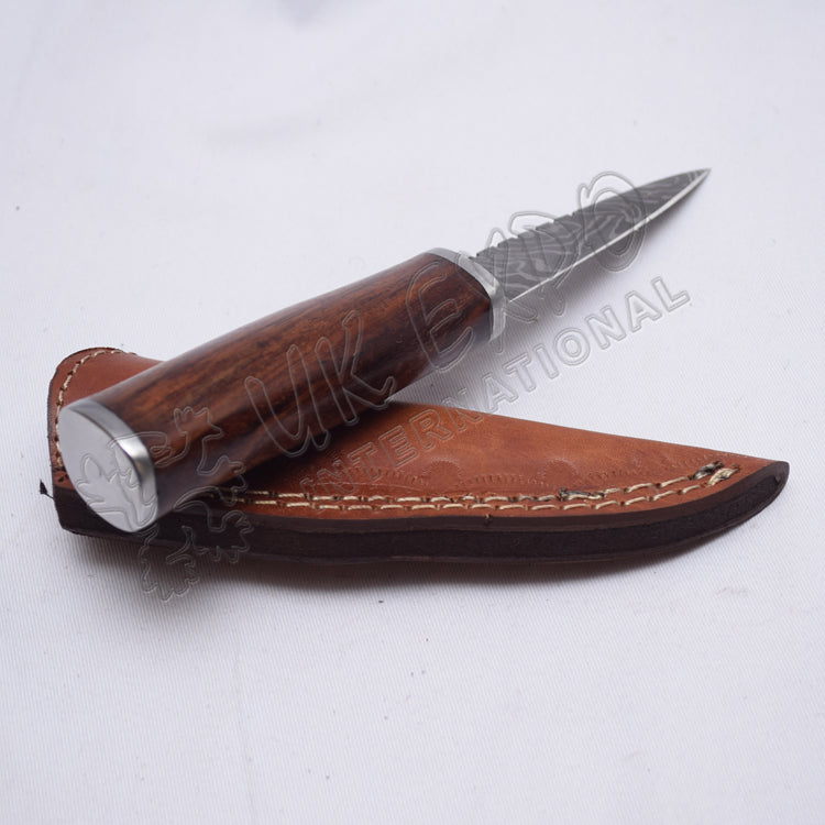 Damascus Steel Hiking Knife With Wood Handle & Leather Sheath