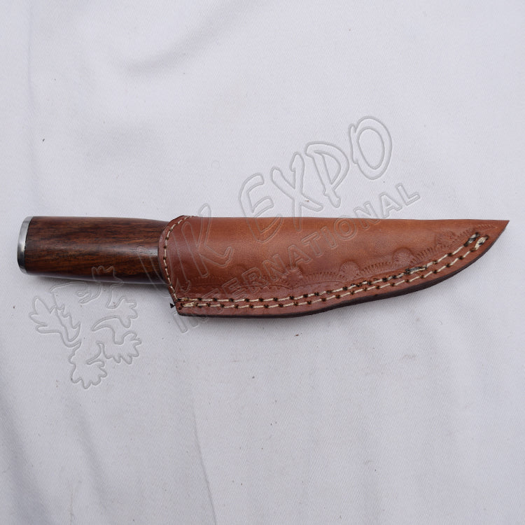 Damascus Steel Hiking Knife With Wood Handle & Leather Sheath