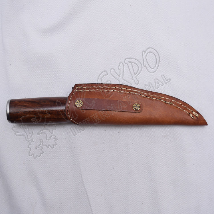 Damascus Steel Hiking Knife With Wood Handle & Leather Sheath
