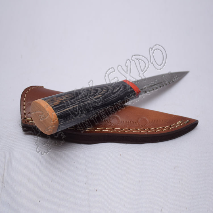 Damascus Steel Hiking Knife Black Wood Handle Leather Sheath