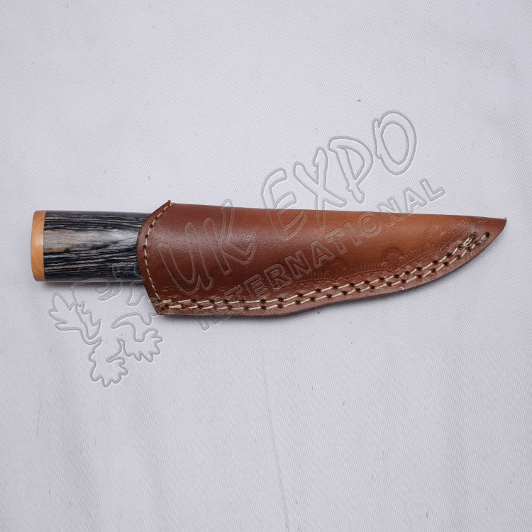 Damascus Steel Hiking Knife Black Wood Handle Leather Sheath