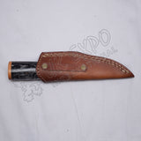 Damascus Steel Hiking Knife Black Wood Handle Leather Sheath