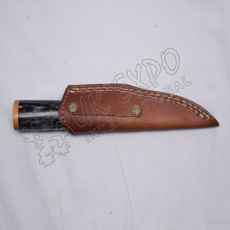Damascus Steel Hiking Knife Black Wood Handle Leather Sheath