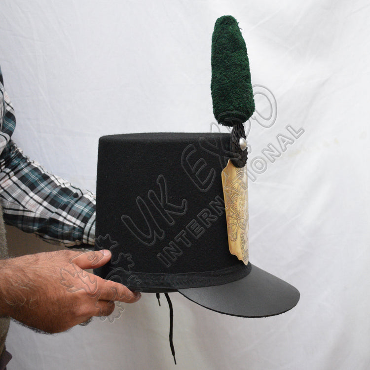 British Shako Hat Green Pom Pom Black Cockade Brass Plate Military Ceremonial Hat