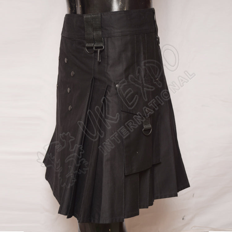Black Color Sports Casual Cargo Style Utility Kilt