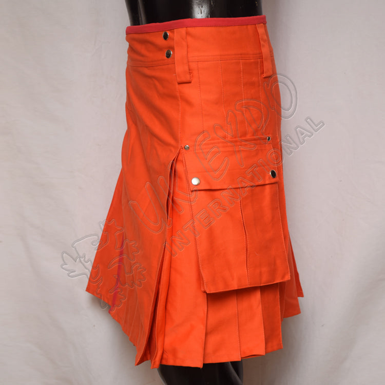Men's Orange Color Cargo Style Utility Kilt