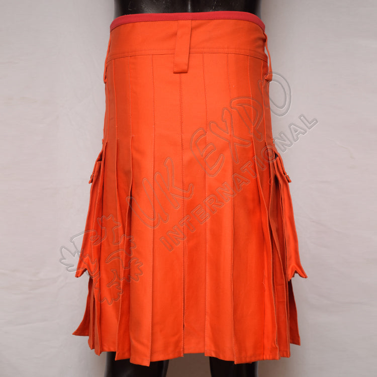 Men's Orange Color Cargo Style Utility Kilt