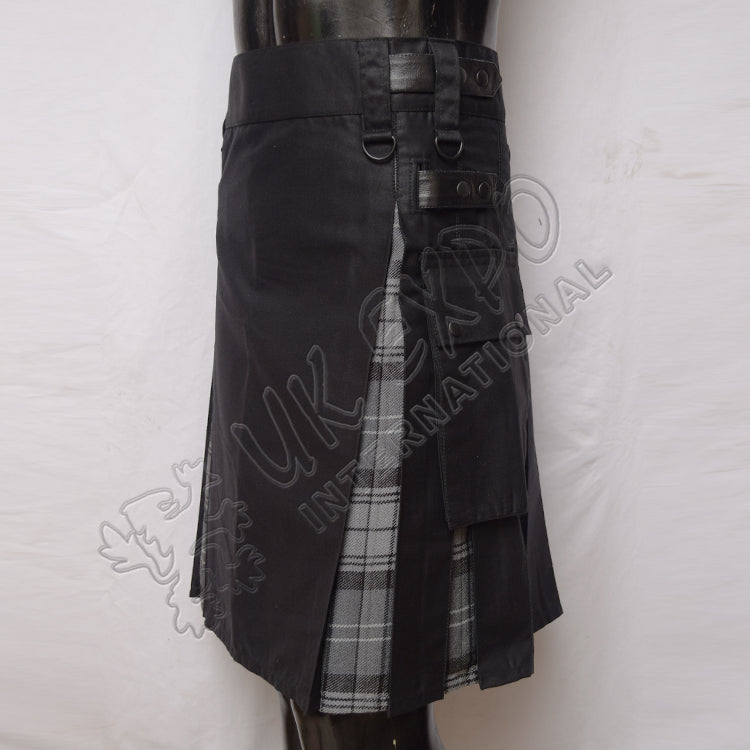 Decent Black Hybrid With Black Charcoal Gray Tartan Utility Kilt
