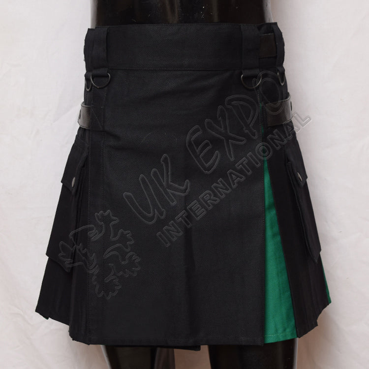 Black And Green Ladies Hybrid Kilt With Pockets