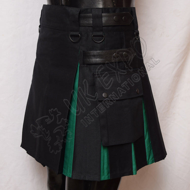 Black And Green Ladies Hybrid Kilt With Pockets
