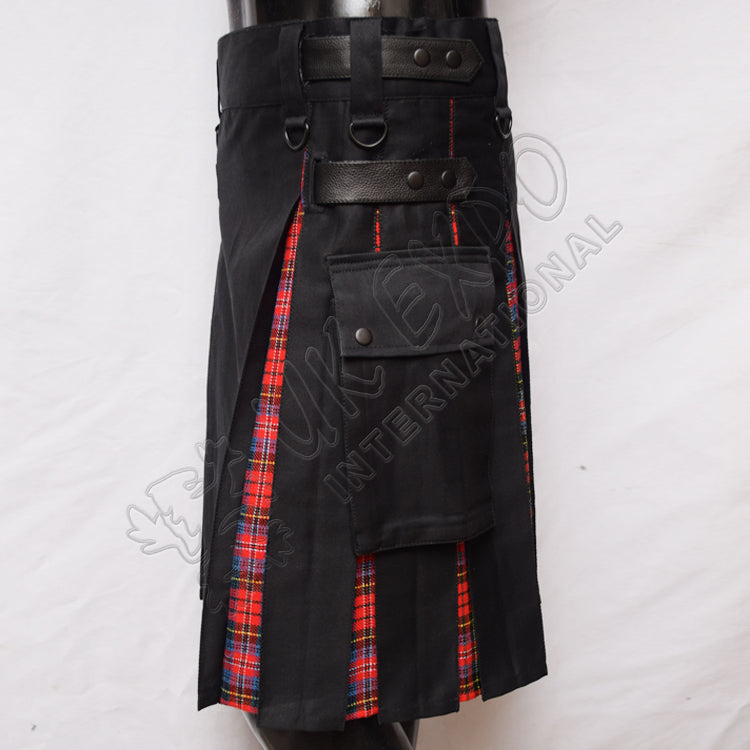 Black Cotton With Macpherson Tartan Hybrid Utility Kilt