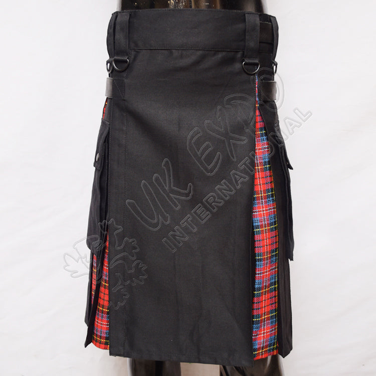 Black Cotton With Macpherson Tartan Hybrid Utility Kilt