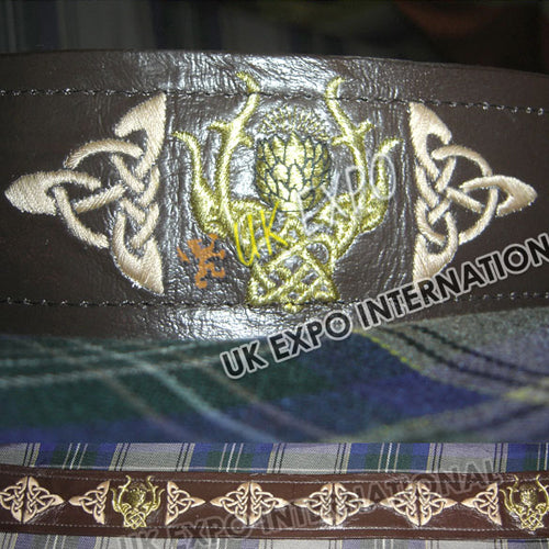 Brown Belt With Skin Color Embroidery Golden Thistle Backing
