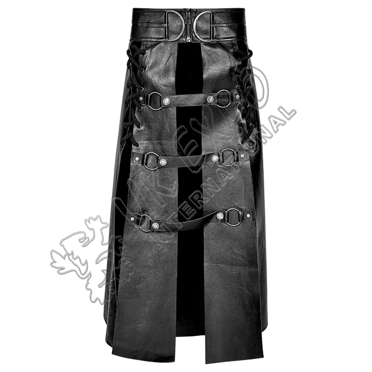Black PU Leather Domineer Long Utility Kilt