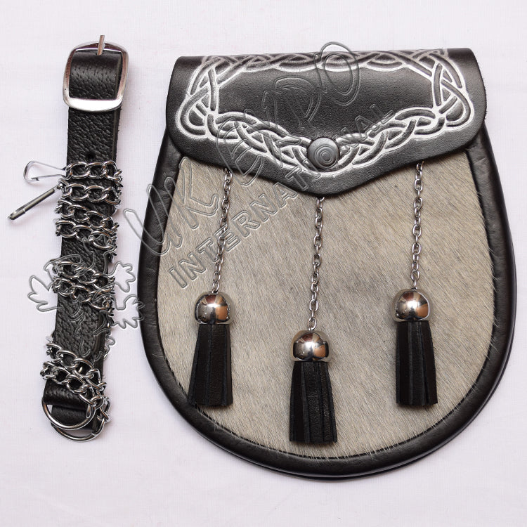 Gray Cow Celtic Embossed Silver Black Leather Sporran