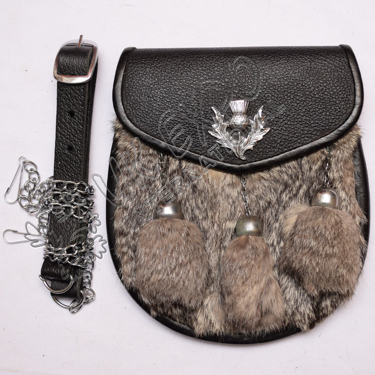 Gray Rabbit Fur Black Leather Sporran