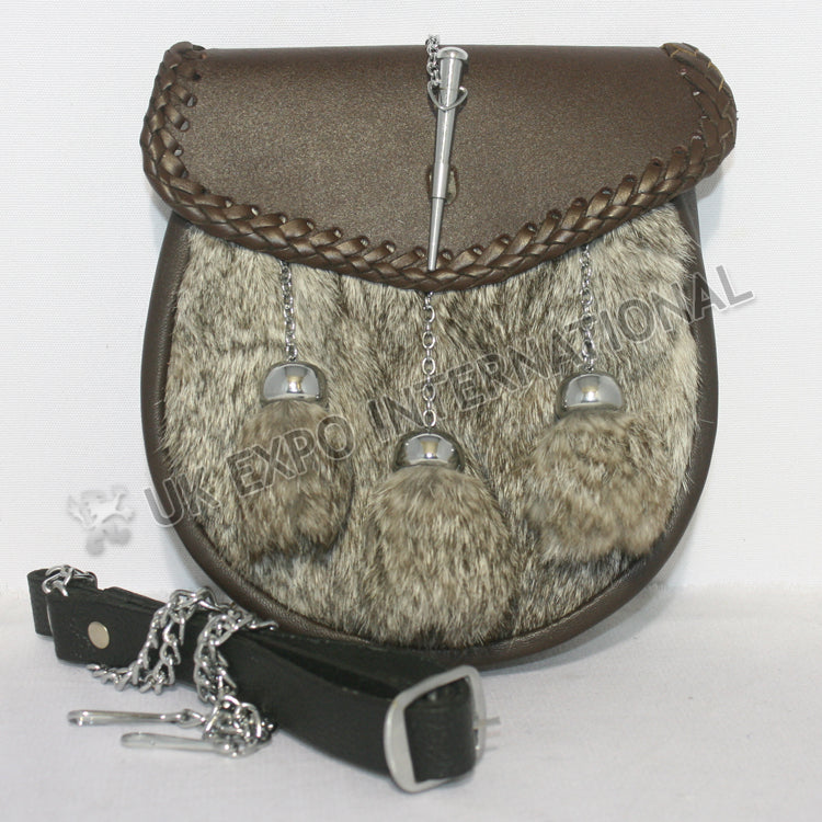 Pin Lock Gray Fur Full Dress Brown Leather Sporran