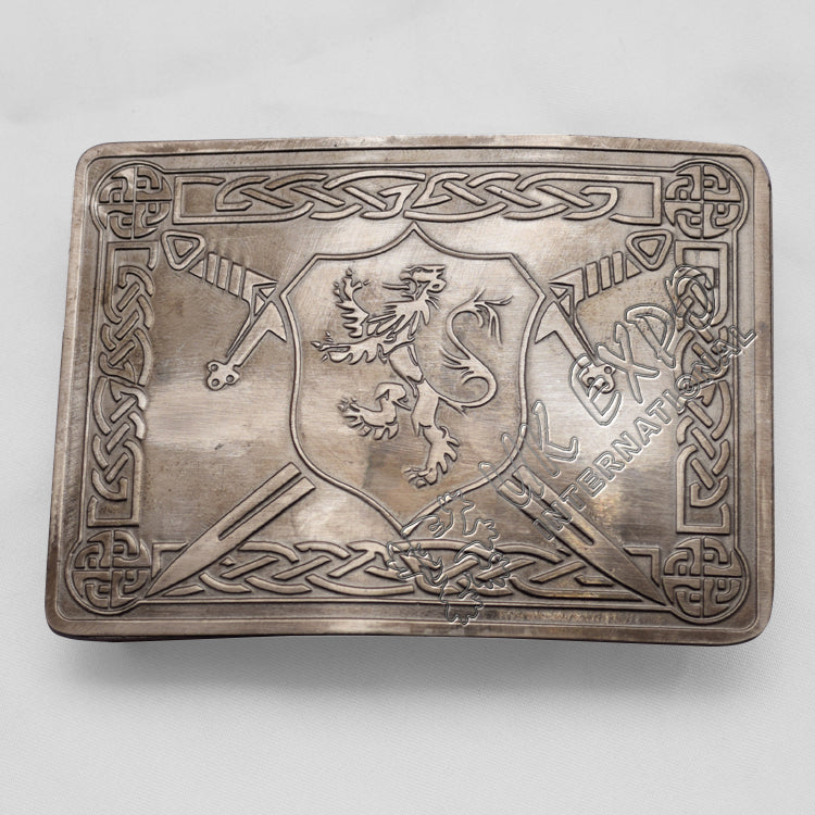 Gray Shiny Antique Rampart Lion Shield Buckle Celtic Knot Work