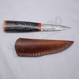 Damascus Steel Hiking Knife Black Wood Handle Leather Sheath