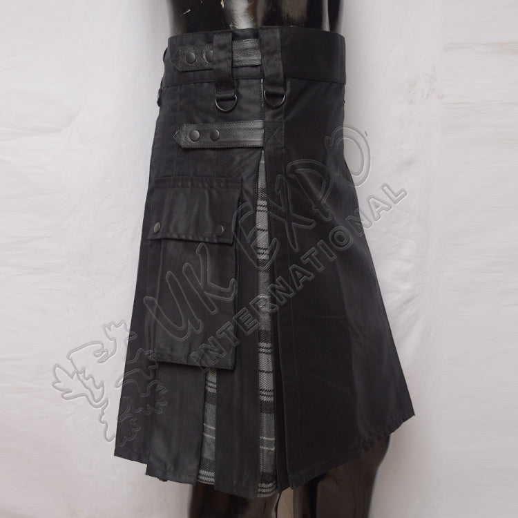 Decent Black Hybrid With Black Charcoal Gray Tartan Utility Kilt