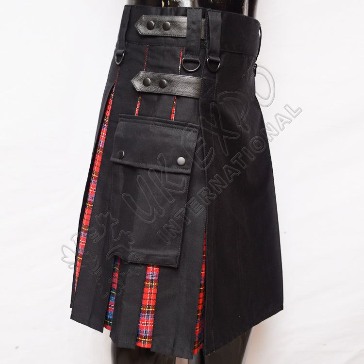 Black Cotton With Macpherson Tartan Hybrid Utility Kilt