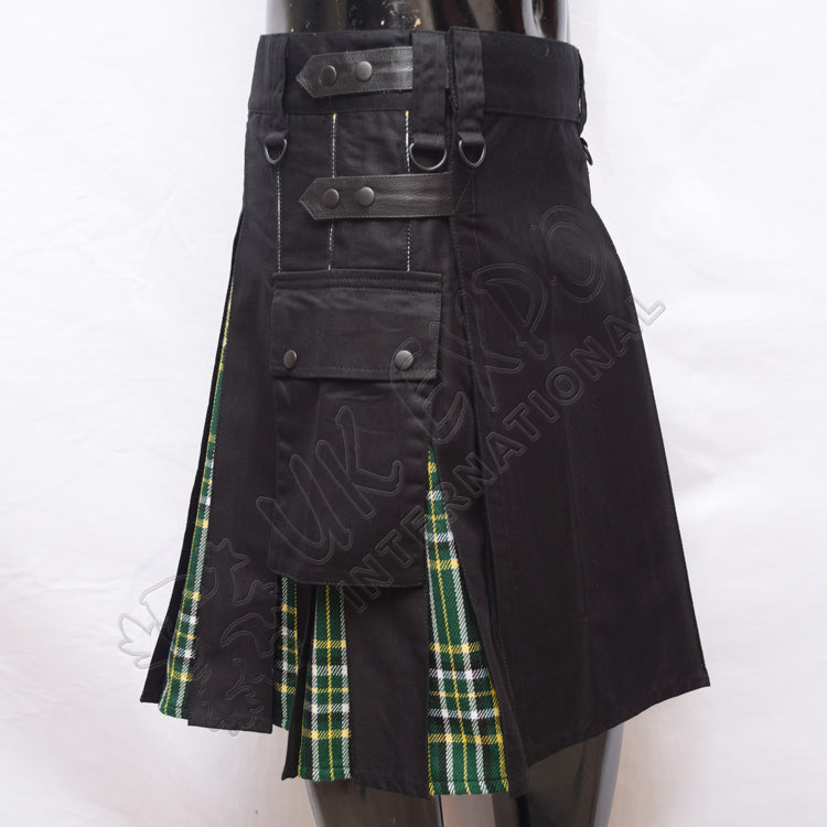 Decent Black Cotton With Irish Tartan Hybrid Utility Kilt