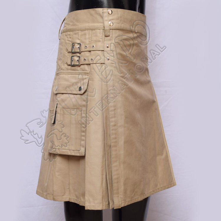 Men Deluxe Khaki Utility Kilt