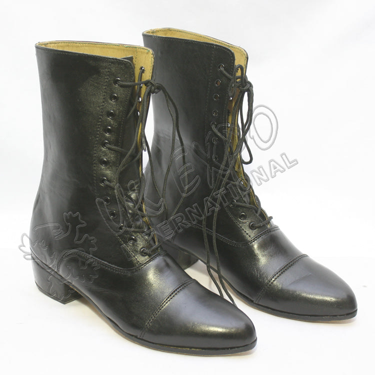 Black Leather Victorian Style Lace Up Ankle Boots