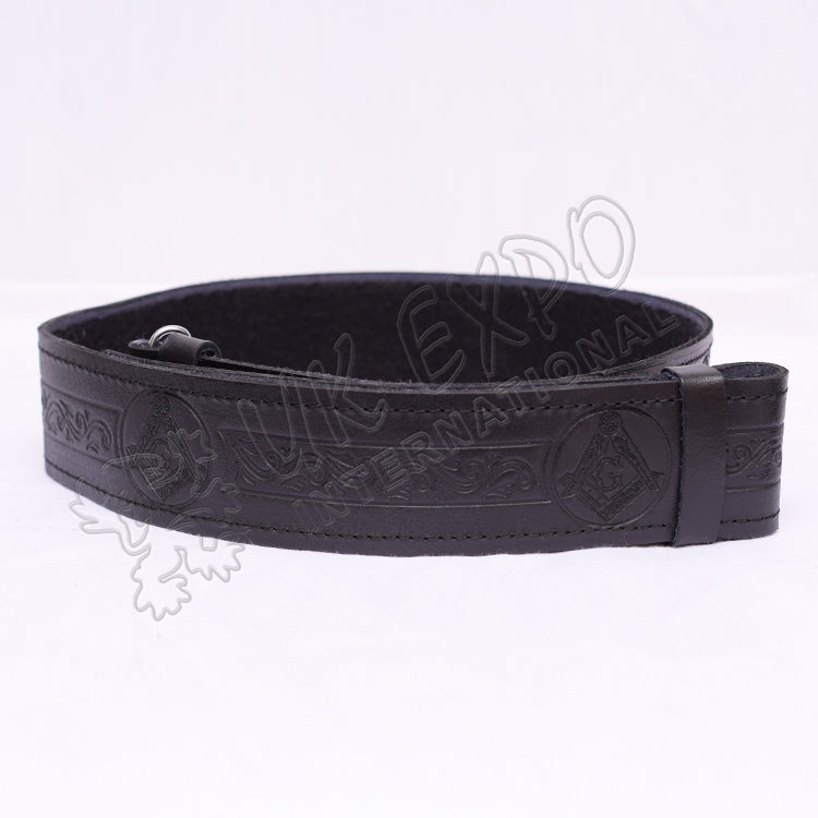 Masonic Embossed Black Leather Kilt Belt Velcro Closing