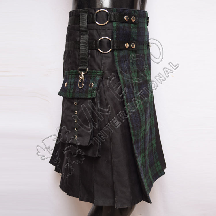 Men Style Black Cotton With Black Watch Tartan Hybrid Utility Kilt