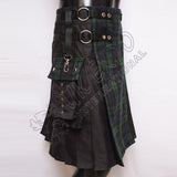 Men Style Black Cotton With Black Watch Tartan Hybrid Utility Kilt