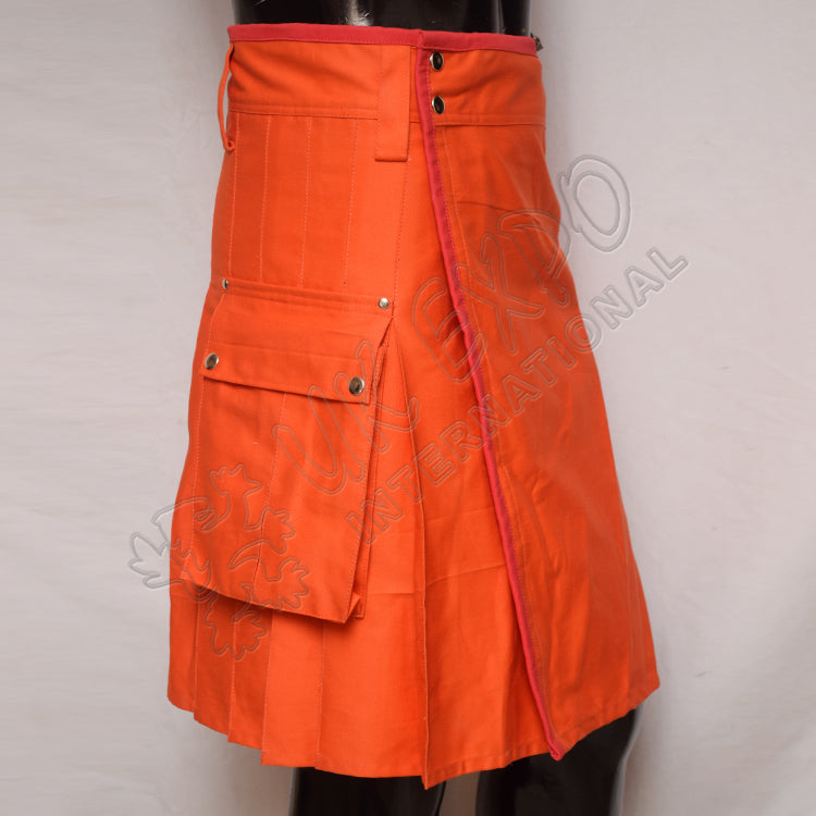Men's Orange Color Cargo Style Utility Kilt