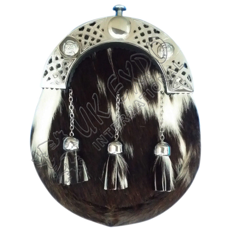 White Black Bovine Full Dress Celtic Cantle Kilt Sporran