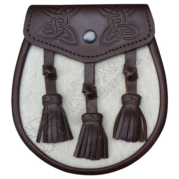 Celtic Brown Leather White Bovine Kilt Sporran