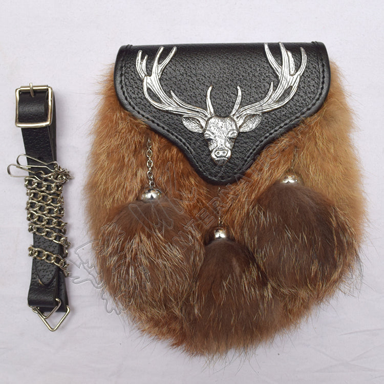 Stag Fox Fur Chrome Black Leather Sporran