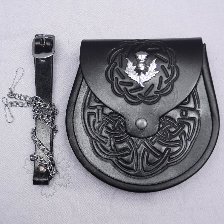 Thistle Celtic Black Leather Embossed Sporran