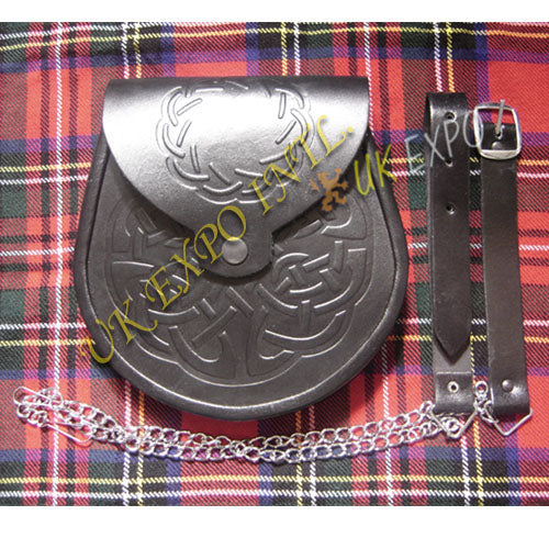 Celtic Double Embossed Black Leather Sporran