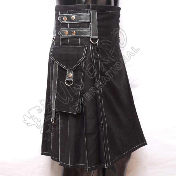 Heavy Duty Black Color With White Out Thread Utility Kilt