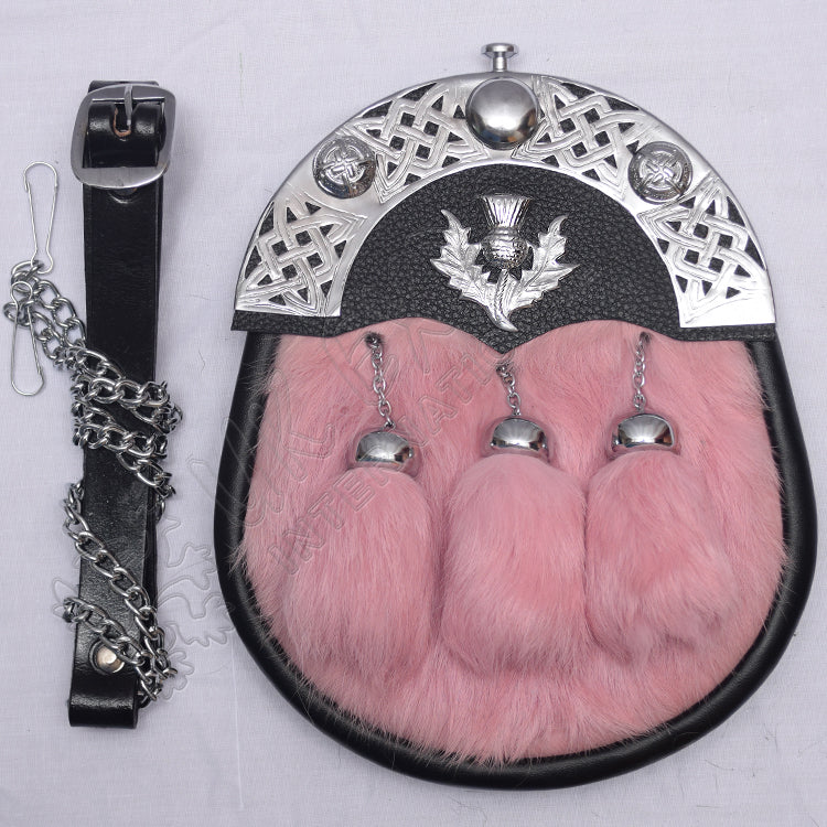 Scottish Pink Rabbit Fur Full Dress Thistle Sporran