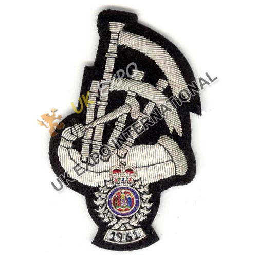 Handcrafted Pipe Band Silver Bullion Wire Embroidery Badge
