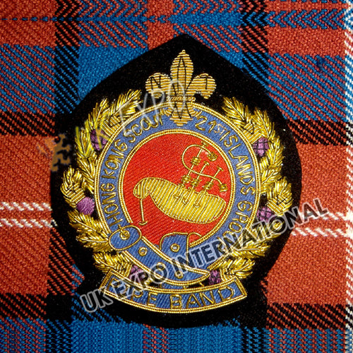 Hand Embroidered Bullion Wire Bagpipe Crest Badge