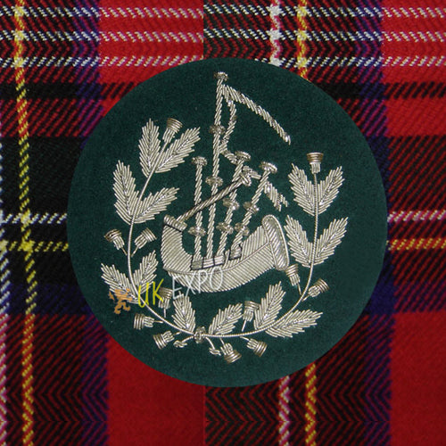 Pipe Major Bagpipe Hand Embroidered Silver Bullion Wire Insignia