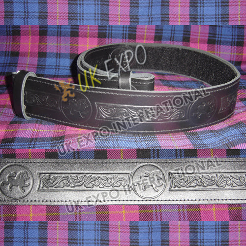 Rampart Lion Flower Knot Work Embossed Black Leather Kilt Belt