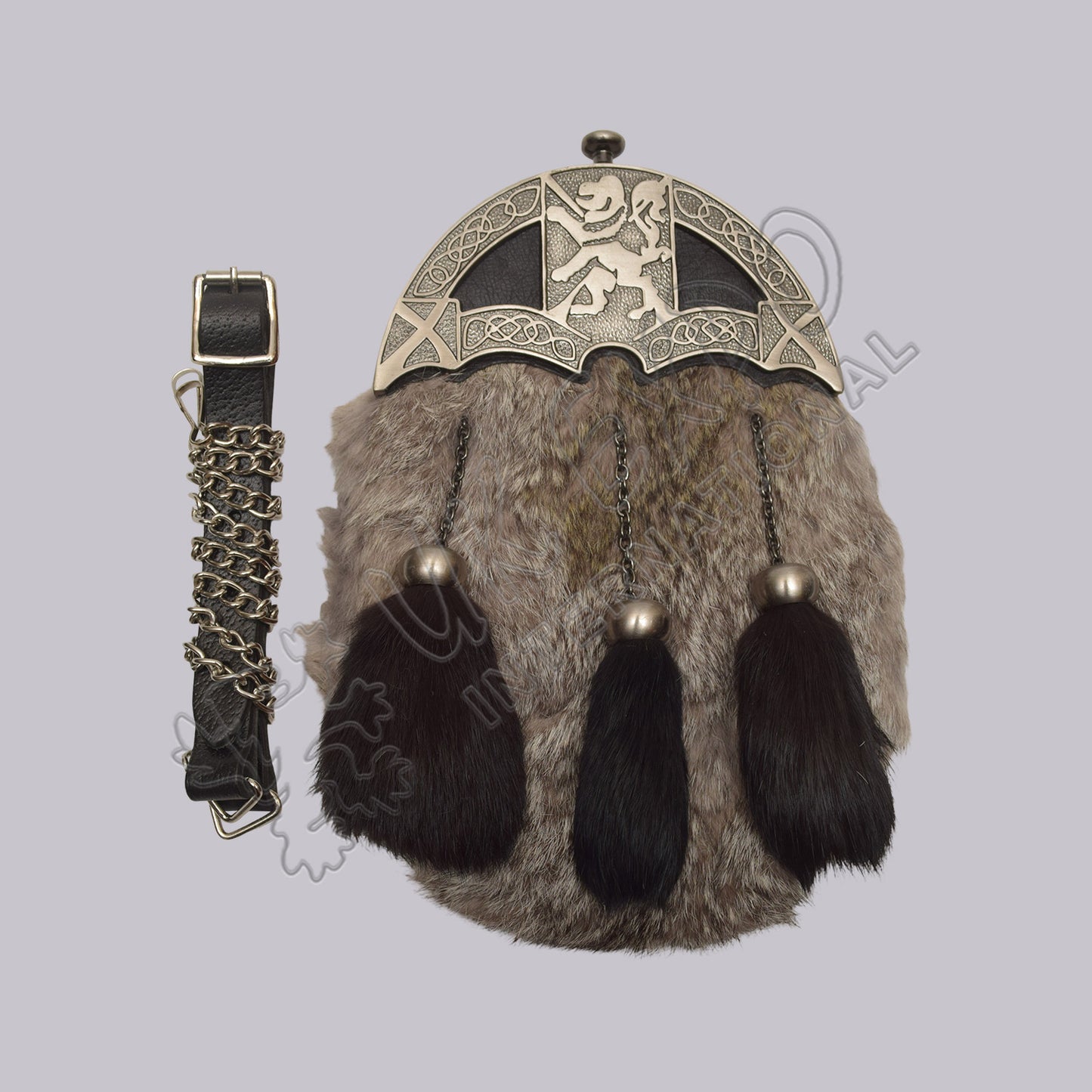 Grey Rabbit Fur Rampant Lion Cantle Full Dress Sporran