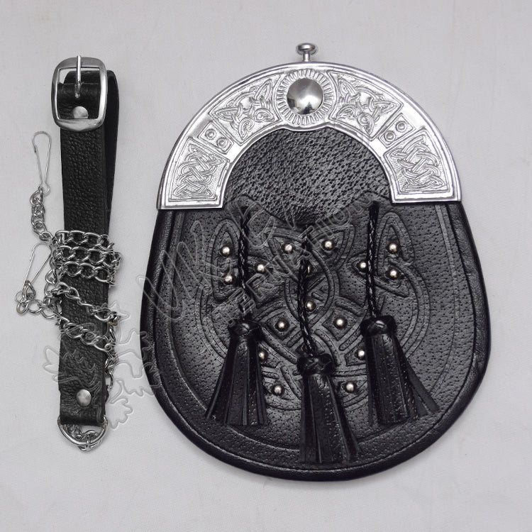 Scottish Chrome Celtic Black Leather Sporran