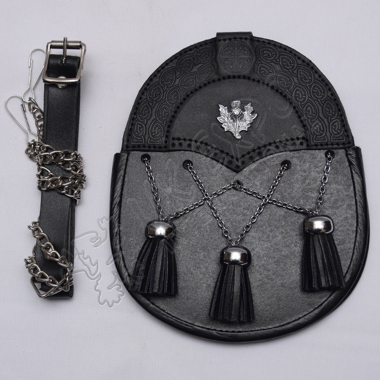 Scottish Black Leather Celtic Thistle Badge Sporran