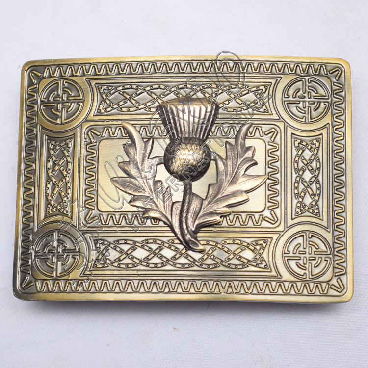 Scottish Brass Antique Celtic Design Buckle With Thistle Badge