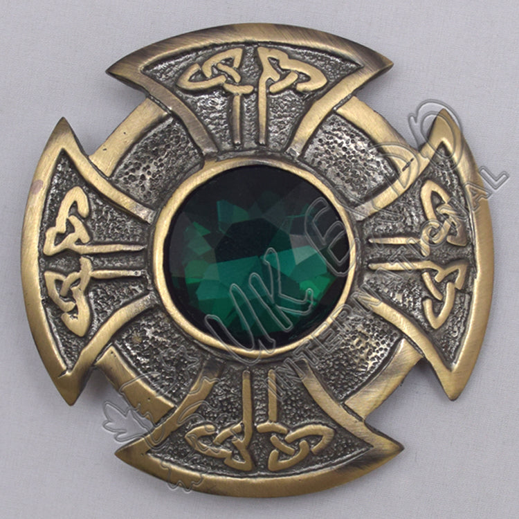 Scottish Brass Antique With Green Stone Brooch