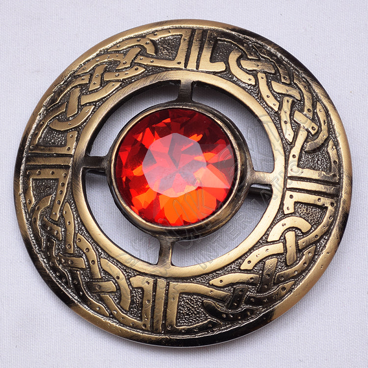 Scottish Bronze Celtic Design Ruby Stone Brooches
