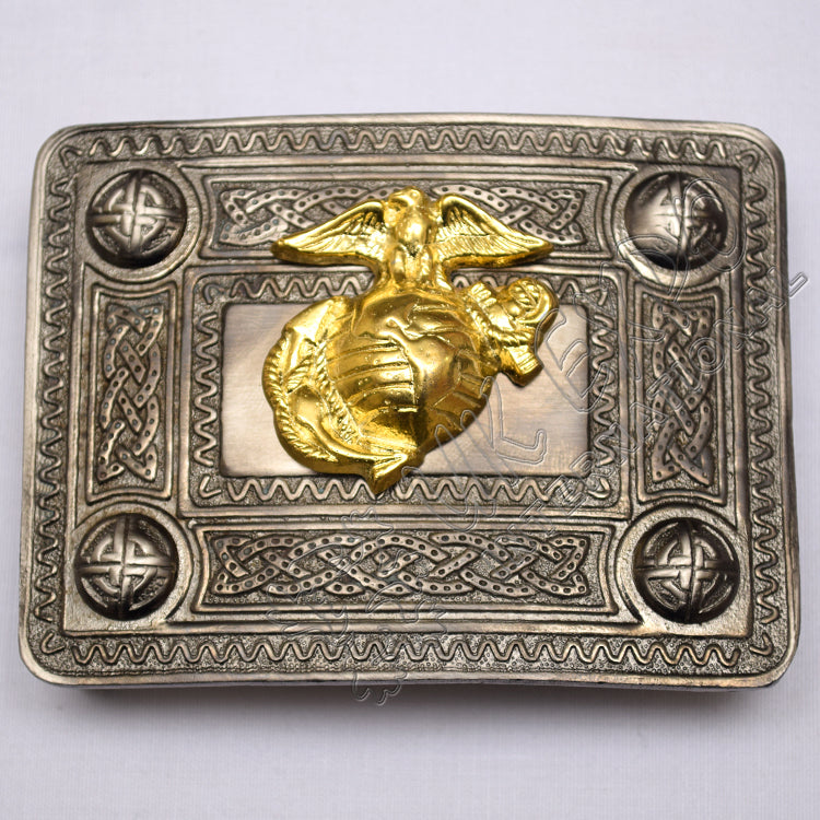 Scottish Celtic Black Antique Buckle With Brass US Marine Badge